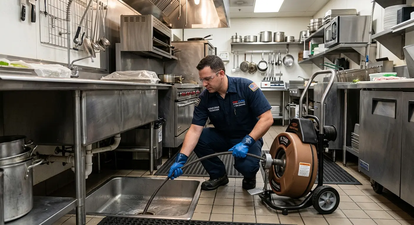 Commercial drain cleaning service in a restaurant kitchen in Norwalk