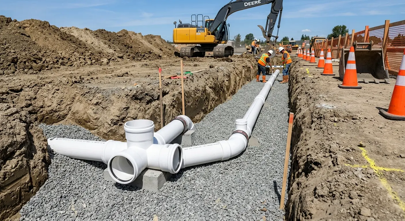 New PVC sewer pipe installation in open trench for Sewer Backup in Norwalk