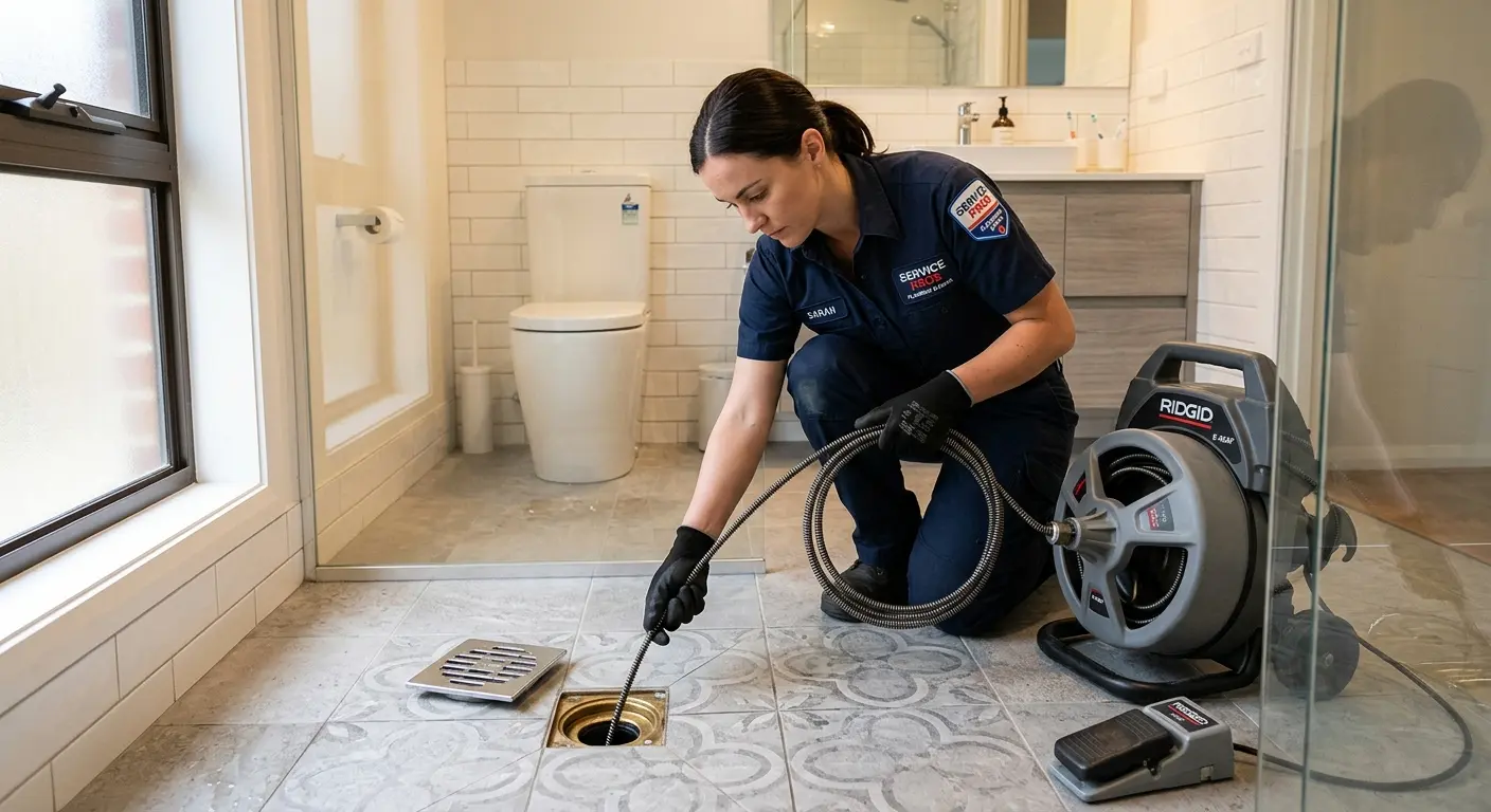 Technician clearing a bathroom floor drain for Sewer Line Installation in Norwalk